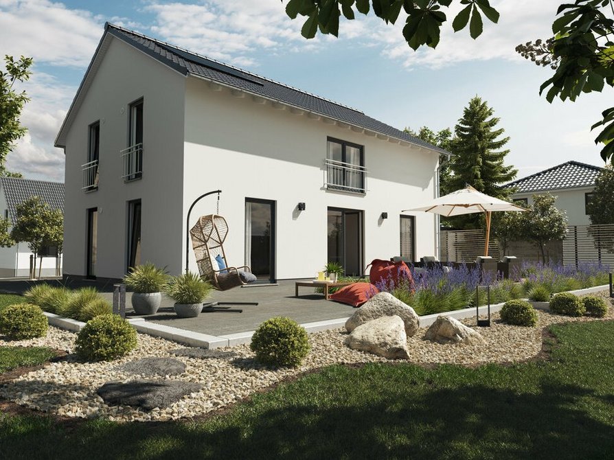 Das Einfamilienhaus Landhaus 142 Modern Elegance bietet mit bodentiefen Fenstern einen lichtdurchfluteten Wohnraum, modernes Satteldach mit optionaler Photovoltaikanlage, farbigen Fassadenakzenten und einer einladenden Terrasse.