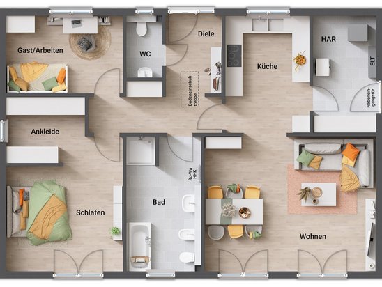 Grundriss Bungalow 110 Variante 5 mit Nebeneingang und Ankleide Bungalow 110 mit großzügigem Bad, Gäste-WC, Ankleide und Hauswirtschaftsraum mit separatem Zugang