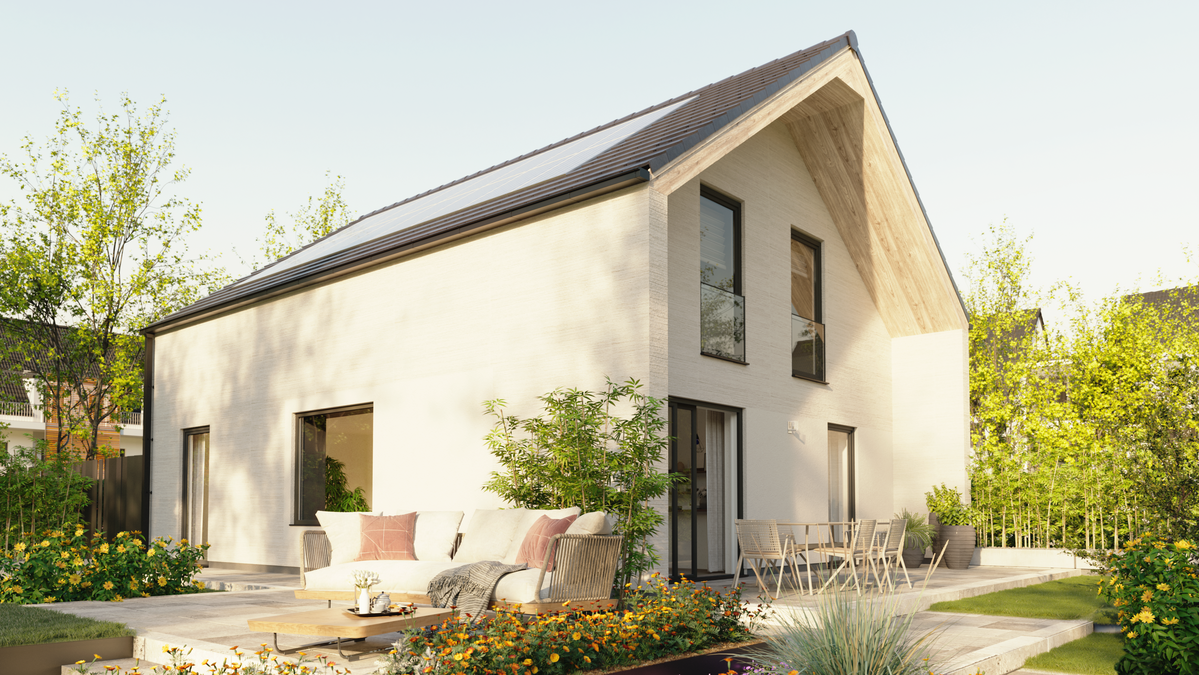 Die überdachte Terrasse des Flair 134 Novo als Highlight des Gartens