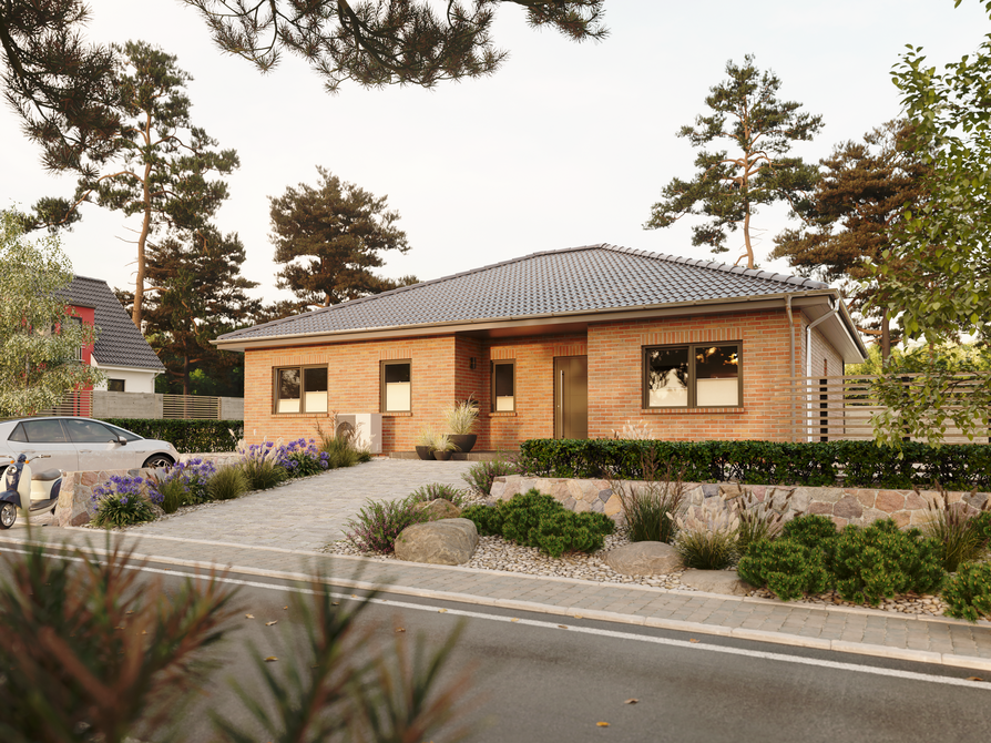 Bungalow 128 Straßenansicht mit Klinkerfassade in Spreeland Freundlicher Bungalow 128 mit heller Spreeland-Klinkerfassade, klare Linienführung und charmante Gartengestaltung zur Straße hin